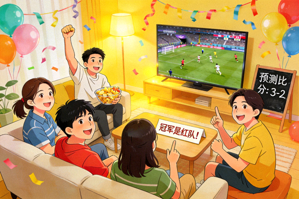 趣味赛事预测场景 - 一群人在轻松的氛围中观看体育比赛并愉快讨论